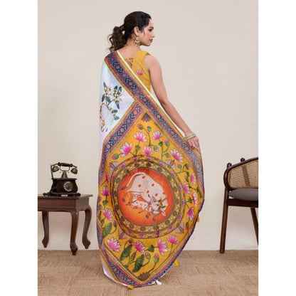 Generic Women's Linen Floral Printed Saree With Unstitched Blouse 5.5Mtr (White)