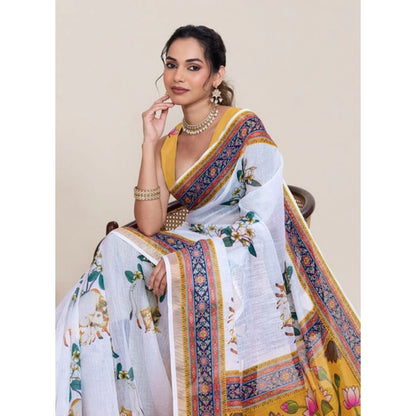 Generic Women's Linen Floral Printed Saree With Unstitched Blouse 5.5Mtr (White)