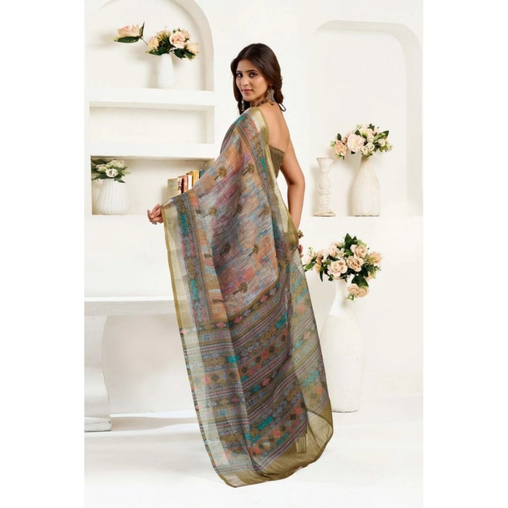 Generic Women's Faux Linen Printed Ready to wear Saree With Unstitched Blouse 5.5Mtr (Multicolor)