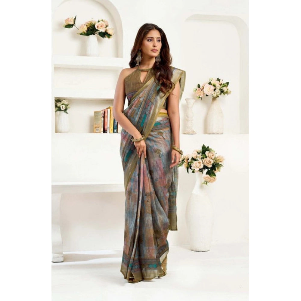 Generic Women's Faux Linen Printed Ready to wear Saree With Unstitched Blouse 5.5Mtr (Multicolor)