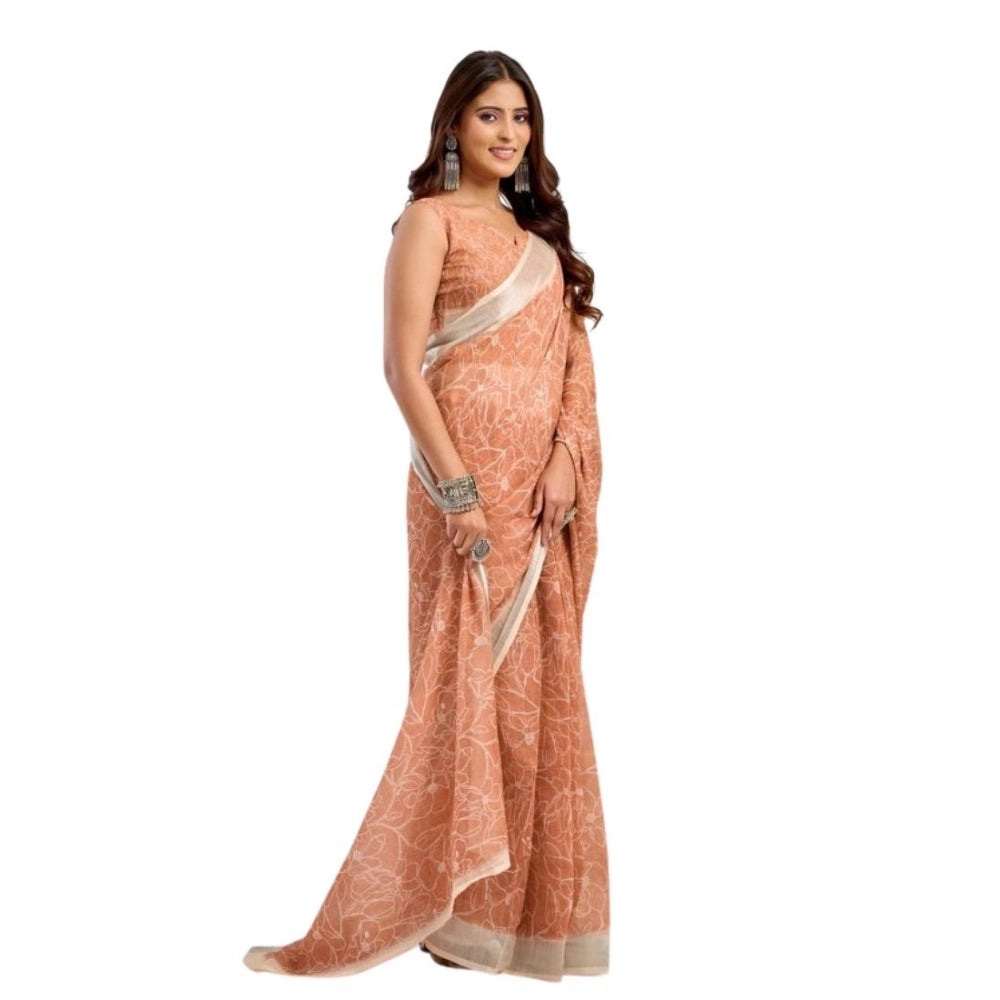 Generic Women's Faux Linen Floral Print Ready to wear Saree With Unstitched Blouse 5.5Mtr (Peach)