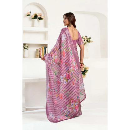 Generic Women's Faux Linen Floral Print Ready to wear Saree With Unstitched Blouse 5.5Mtr (Pink)