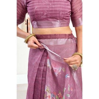 Generic Women's Faux Linen Floral Print Ready to wear Saree With Unstitched Blouse 5.5Mtr (Pink)