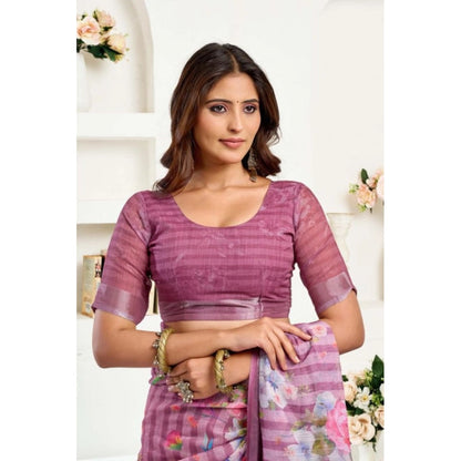 Generic Women's Faux Linen Floral Print Ready to wear Saree With Unstitched Blouse 5.5Mtr (Pink)
