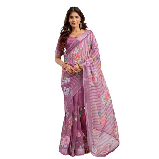 Generic Women's Faux Linen Floral Print Ready to wear Saree With Unstitched Blouse 5.5Mtr (Pink)