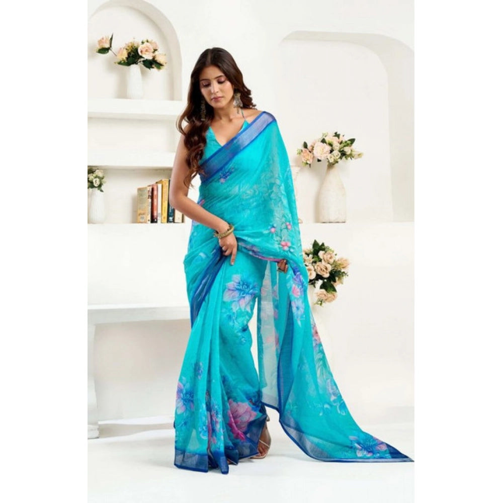 Generic Women's Faux Linen Floral Print Ready to wear Saree With Unstitched Blouse 5.5Mtr (Light_AquaBlue)
