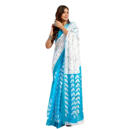 Generic Women's Faux Linen Leaf Print Ready to wear Saree With Unstitched Blouse 5.5Mtr (SkyBlue &amp; White)