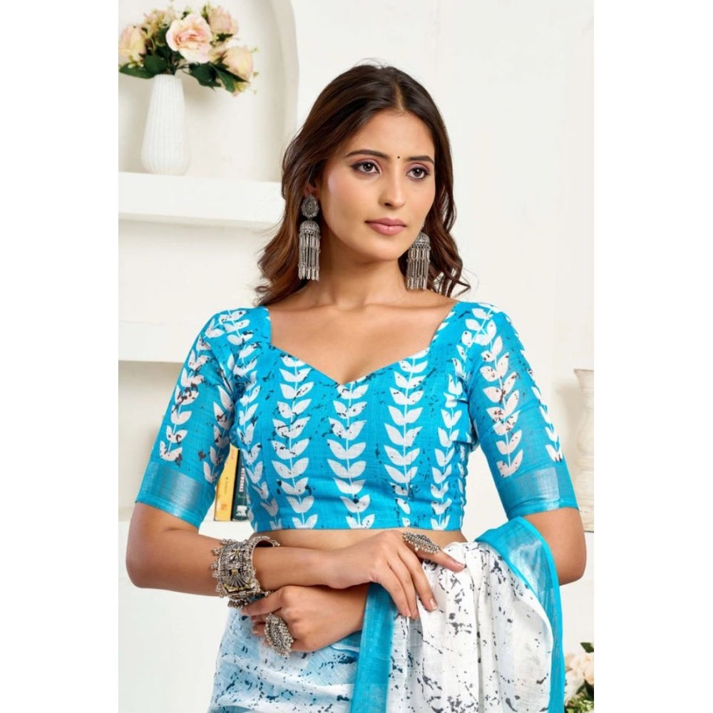 Generic Women's Faux Linen Leaf Print Ready to wear Saree With Unstitched Blouse 5.5Mtr (SkyBlue &amp; White)