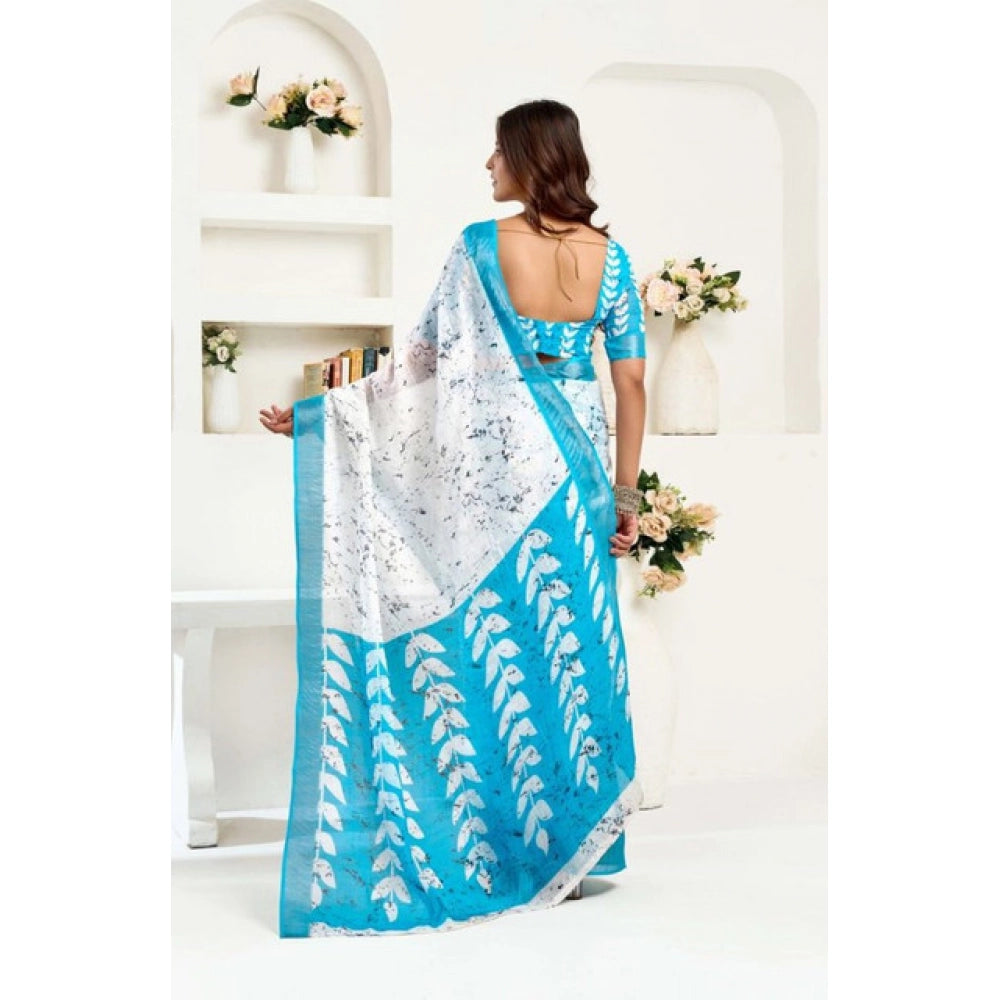 Generic Women's Faux Linen Leaf Print Ready to wear Saree With Unstitched Blouse 5.5Mtr (SkyBlue &amp; White)