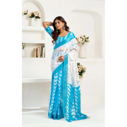 Generic Women's Faux Linen Leaf Print Ready to wear Saree With Unstitched Blouse 5.5Mtr (SkyBlue &amp; White)