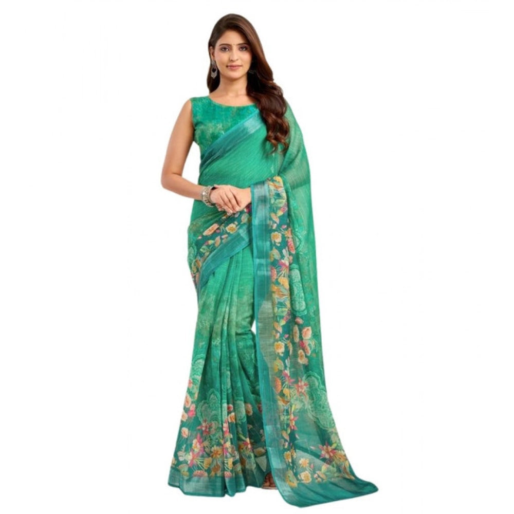 Generic Women's Faux Linen Floral Ready to wear Saree With Unstitched Blouse 5.5Mtr (Green)