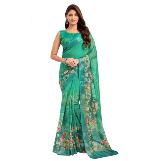 Generic Women's Faux Linen Floral Ready to wear Saree With Unstitched Blouse 5.5Mtr (Green)
