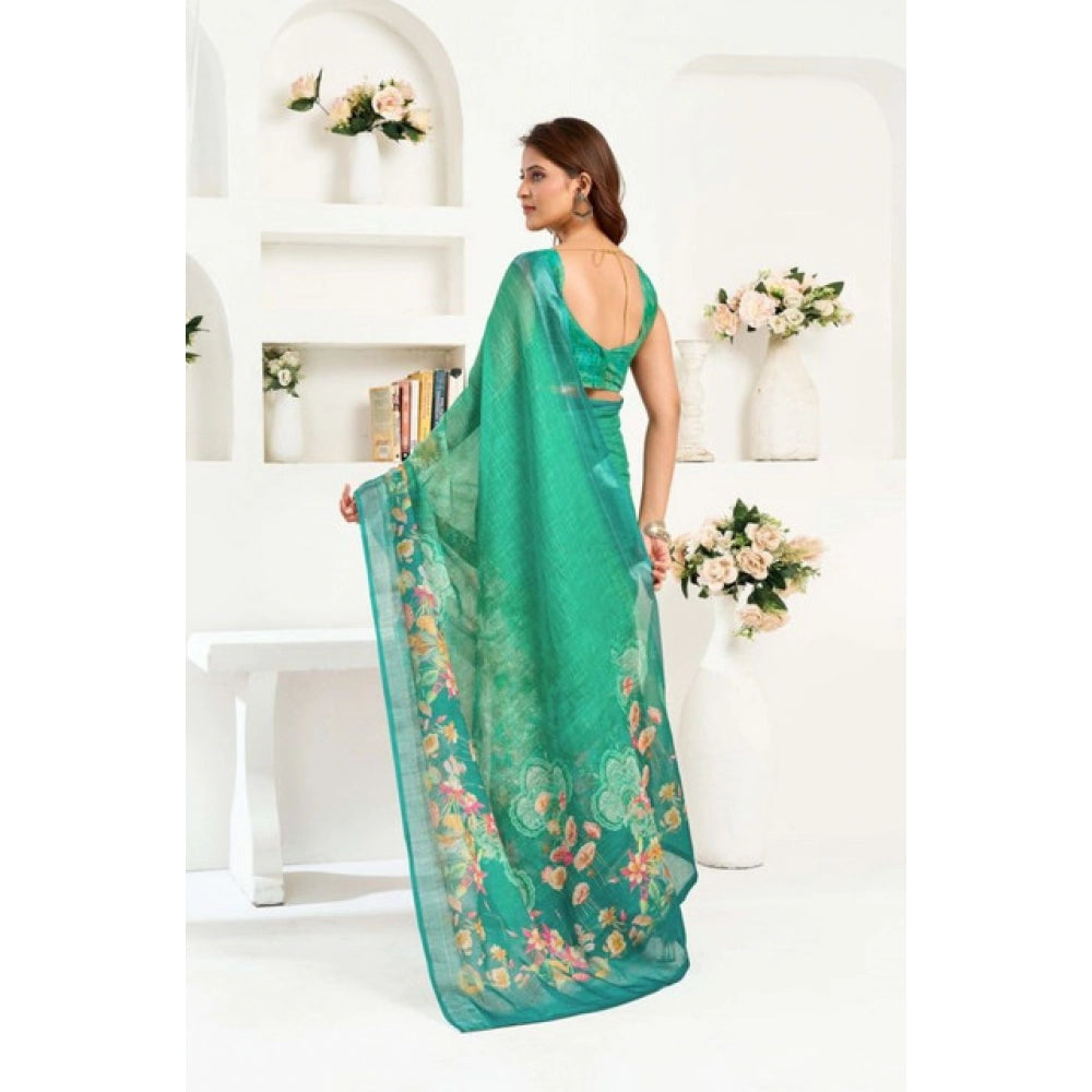 Generic Women's Faux Linen Floral Ready to wear Saree With Unstitched Blouse 5.5Mtr (Green)