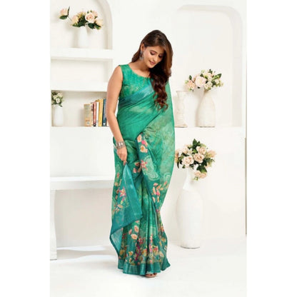 Generic Women's Faux Linen Floral Ready to wear Saree With Unstitched Blouse 5.5Mtr (Green)