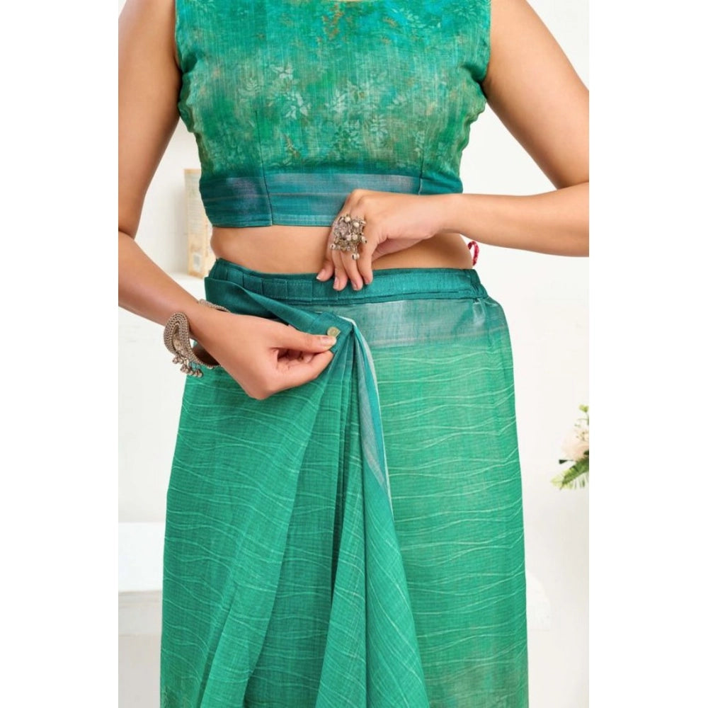 Generic Women's Faux Linen Floral Ready to wear Saree With Unstitched Blouse 5.5Mtr (Green)