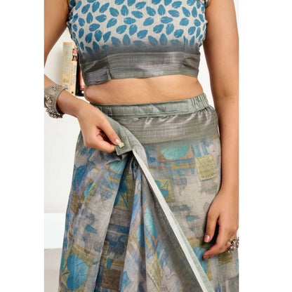 Generic Women's Faux Linen Abstract Print Ready to wear Saree With Unstitched Blouse 5.5Mtr (Grey)