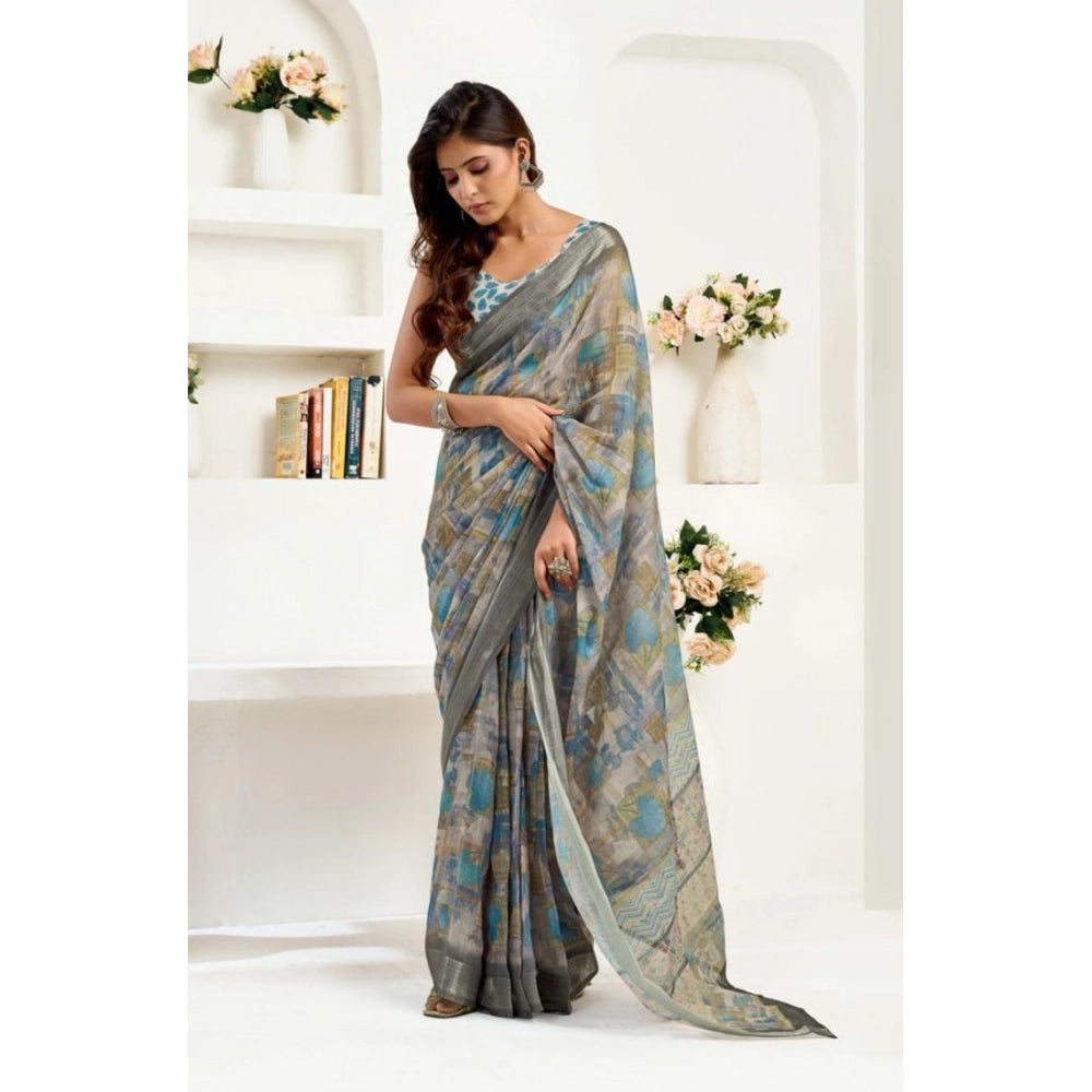Generic Women's Faux Linen Abstract Print Ready to wear Saree With Unstitched Blouse 5.5Mtr (Grey)