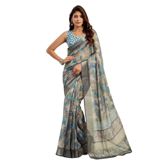 Generic Women's Faux Linen Abstract Print Ready to wear Saree With Unstitched Blouse 5.5Mtr (Grey)