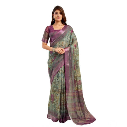 Generic Women's Faux Linen Printed Ready to wear Saree With Unstitched Blouse 5.5Mtr (Multicolor)