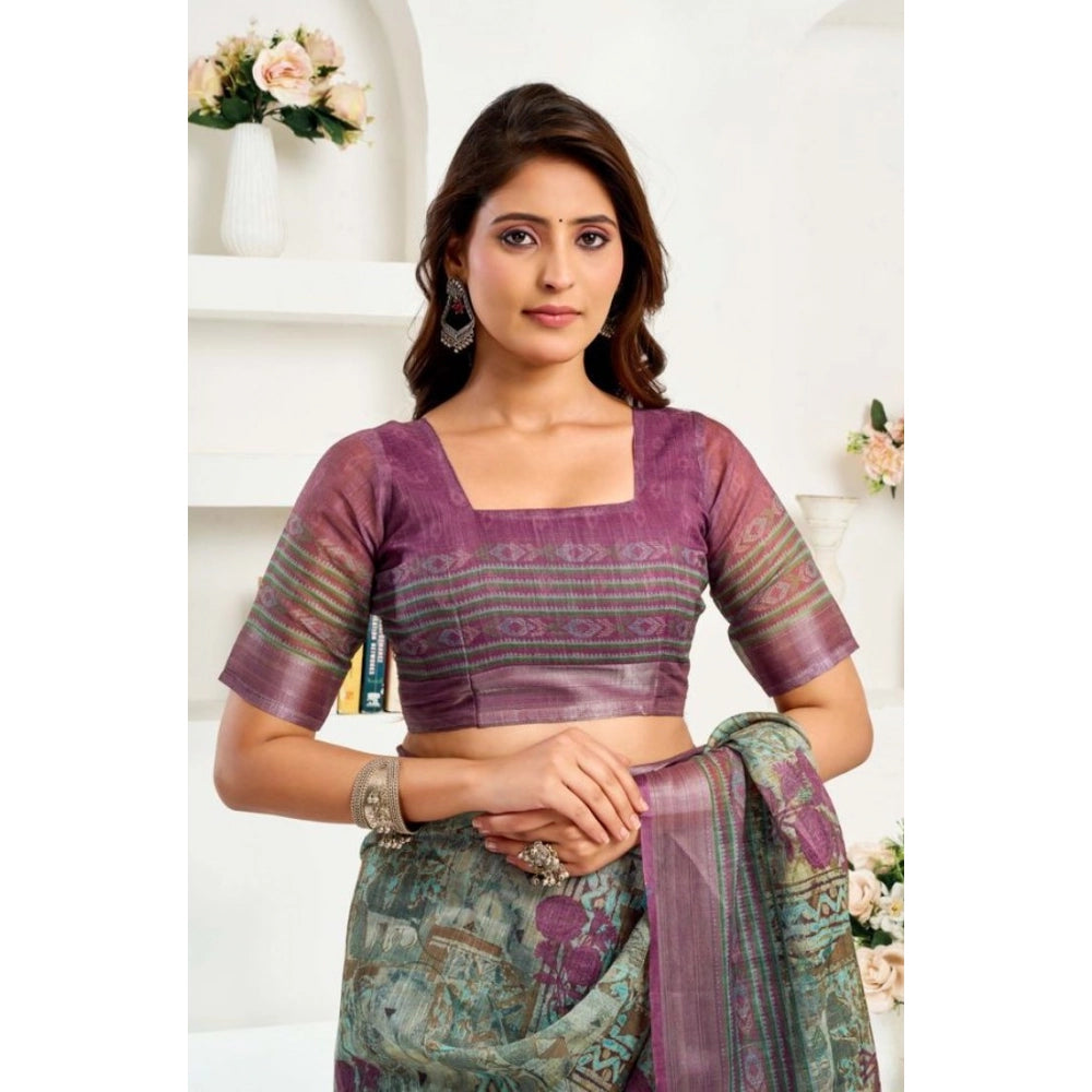 Generic Women's Faux Linen Printed Ready to wear Saree With Unstitched Blouse 5.5Mtr (Multicolor)