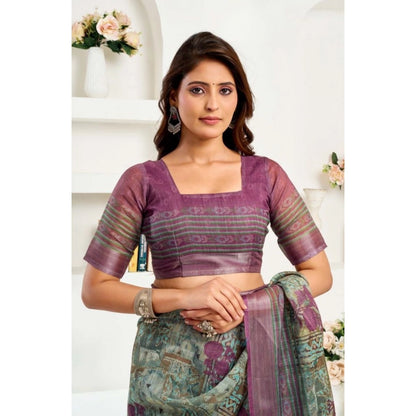 Generic Women's Faux Linen Printed Ready to wear Saree With Unstitched Blouse 5.5Mtr (Multicolor)