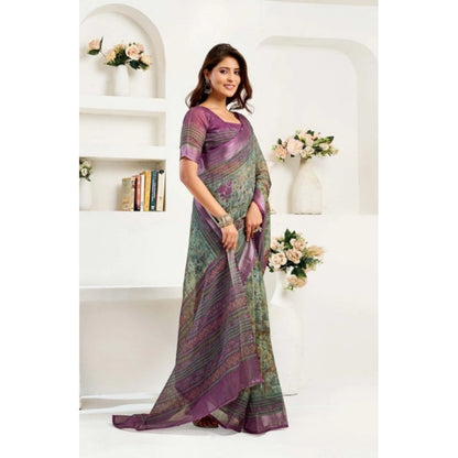 Generic Women's Faux Linen Printed Ready to wear Saree With Unstitched Blouse 5.5Mtr (Multicolor)