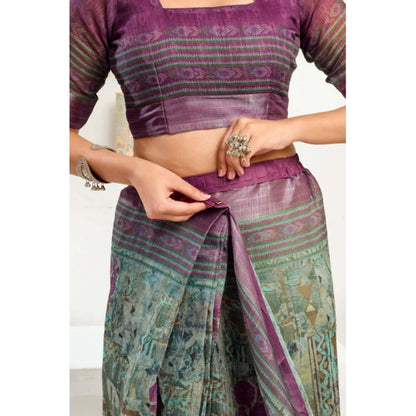 Generic Women's Faux Linen Printed Ready to wear Saree With Unstitched Blouse 5.5Mtr (Multicolor)