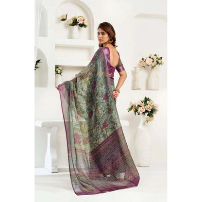 Generic Women's Faux Linen Printed Ready to wear Saree With Unstitched Blouse 5.5Mtr (Multicolor)