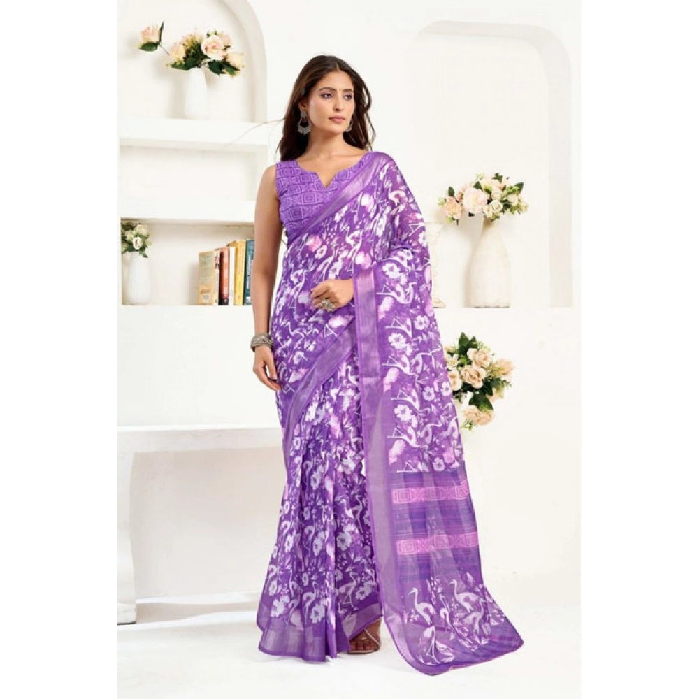 Generic Women's Faux Linen Floral Print Ready to wear Saree With Unstitched Blouse 5.5Mtr (Purple)