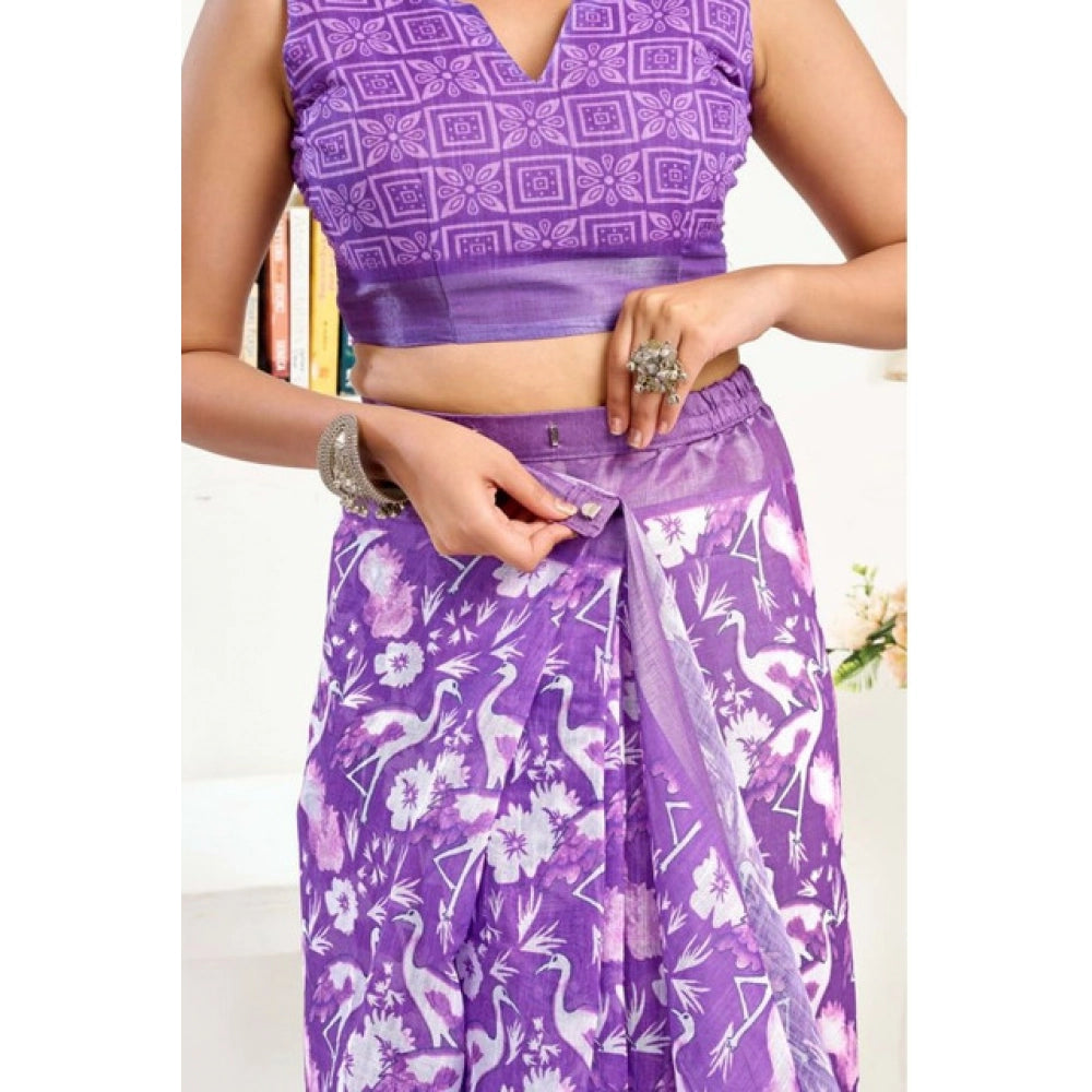 Generic Women's Faux Linen Floral Print Ready to wear Saree With Unstitched Blouse 5.5Mtr (Purple)
