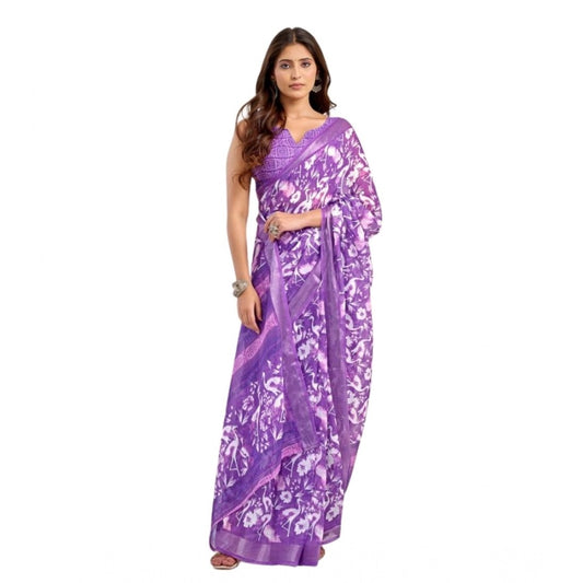 Generic Women's Faux Linen Floral Print Ready to wear Saree With Unstitched Blouse 5.5Mtr (Purple)