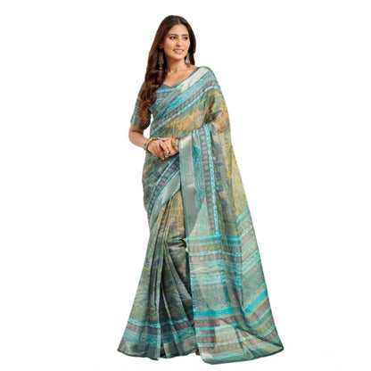 Generic Women's Faux Linen Printed Ready to wear Saree With Unstitched Blouse 5.5Mtr (Multicolor)