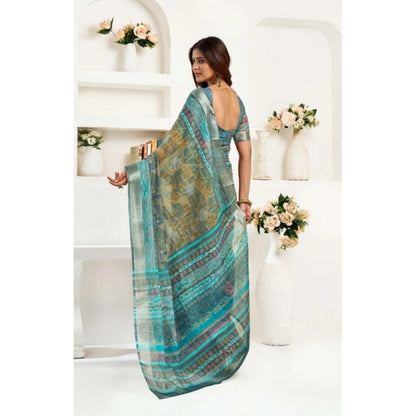 Generic Women's Faux Linen Printed Ready to wear Saree With Unstitched Blouse 5.5Mtr (Multicolor)