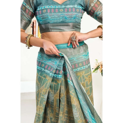Generic Women's Faux Linen Printed Ready to wear Saree With Unstitched Blouse 5.5Mtr (Multicolor)