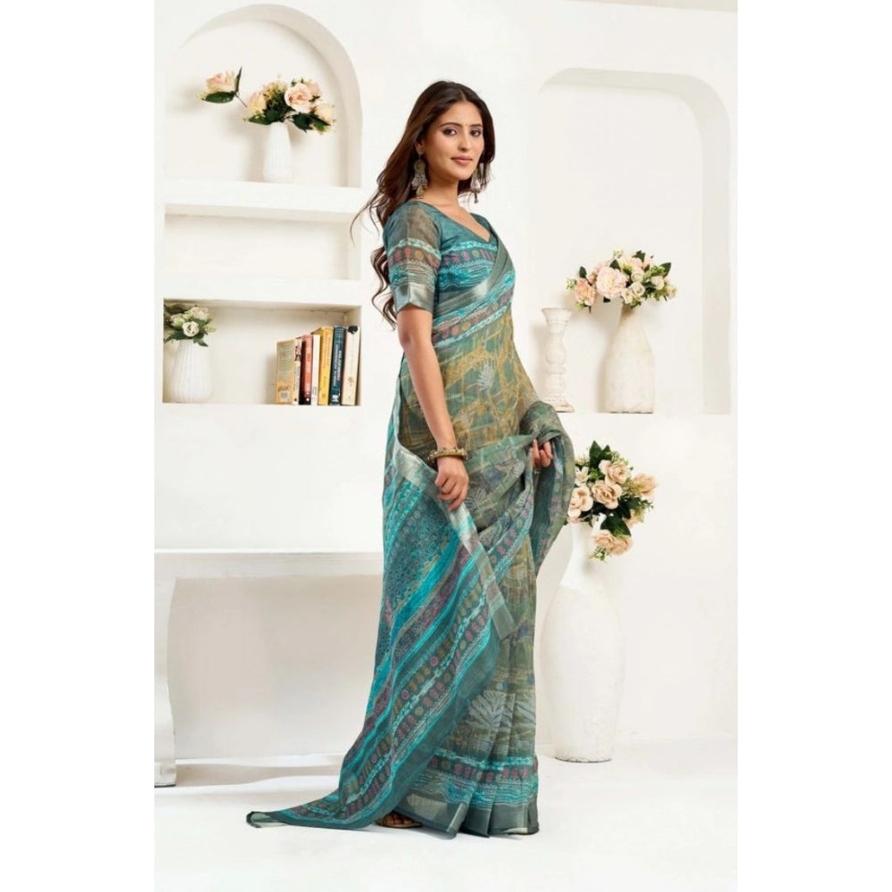 Generic Women's Faux Linen Printed Ready to wear Saree With Unstitched Blouse 5.5Mtr (Multicolor)