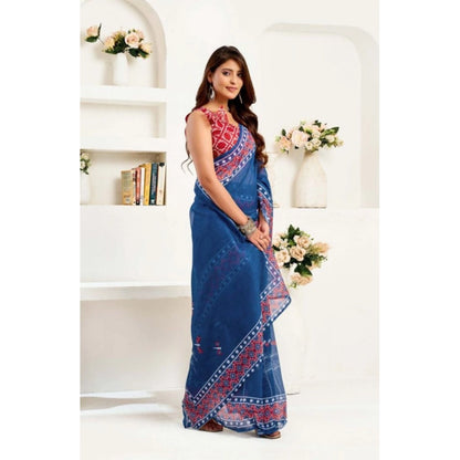 Generic Women's Faux Linen Floral Print Ready to wear Saree With Unstitched Blouse 5.5Mtr (Blue)