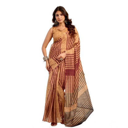 Generic Women's Faux Linen Geometric Print Ready to wear Saree With Unstitched Blouse 5.5Mtr (Brown)