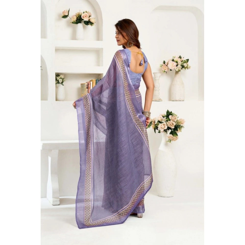 Generic Women's Faux Linen Printed Ready to wear Saree With Unstitched Blouse 5.5Mtr (Light_Lavender)