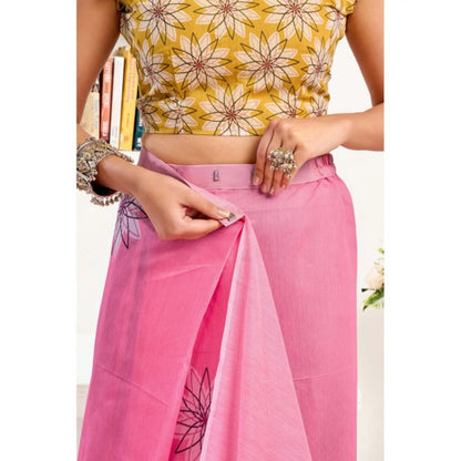 Generic Women's Faux Linen Floral Print Ready to wear Saree With Unstitched Blouse 5.5Mtr (Pink)