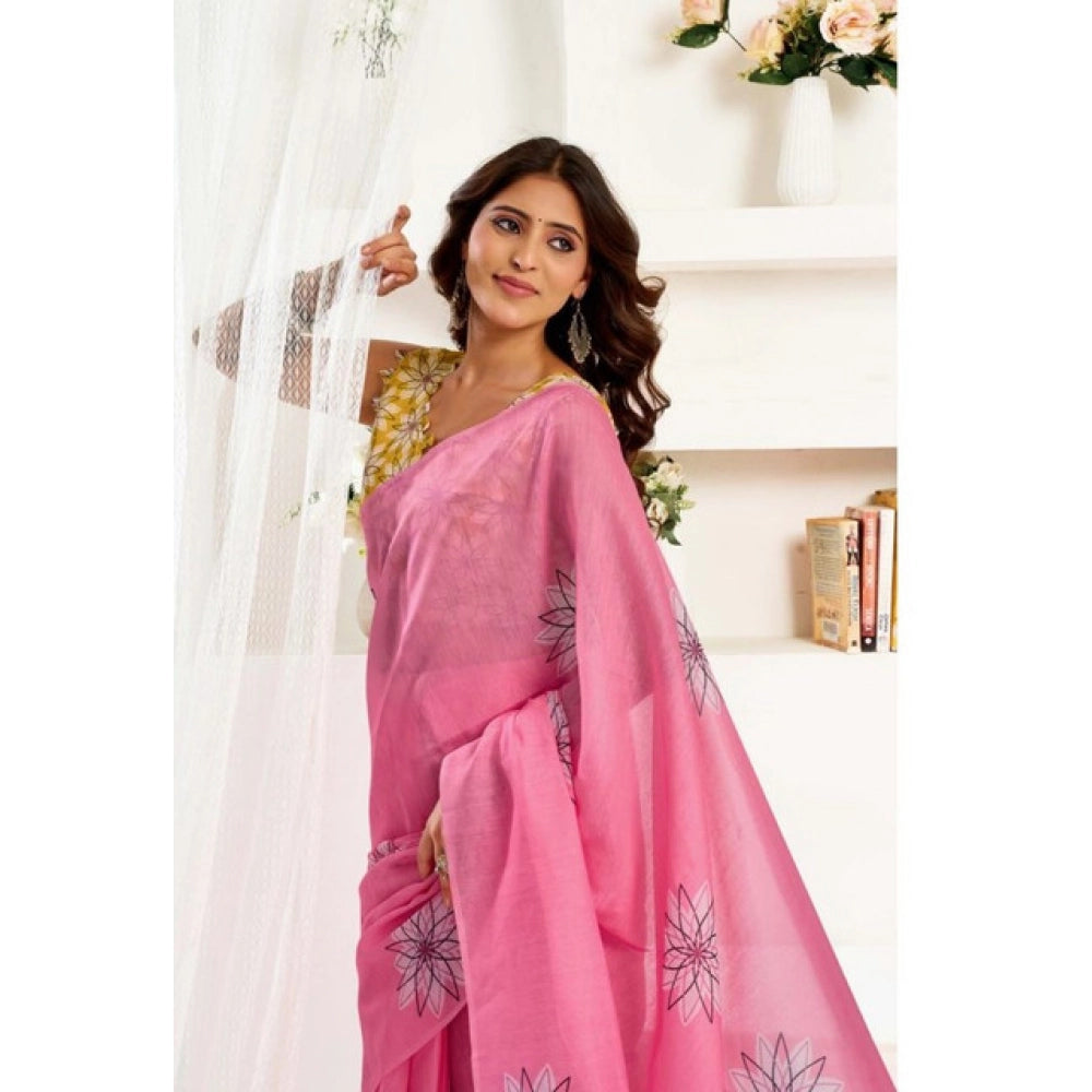Generic Women's Faux Linen Floral Print Ready to wear Saree With Unstitched Blouse 5.5Mtr (Pink)