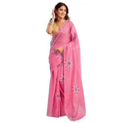 Generic Women's Faux Linen Floral Print Ready to wear Saree With Unstitched Blouse 5.5Mtr (Pink)