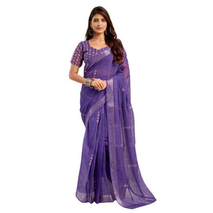 Generic Women's Faux Linen Geometric Print Ready to wear Saree With Unstitched Blouse 5.5Mtr (Purple)