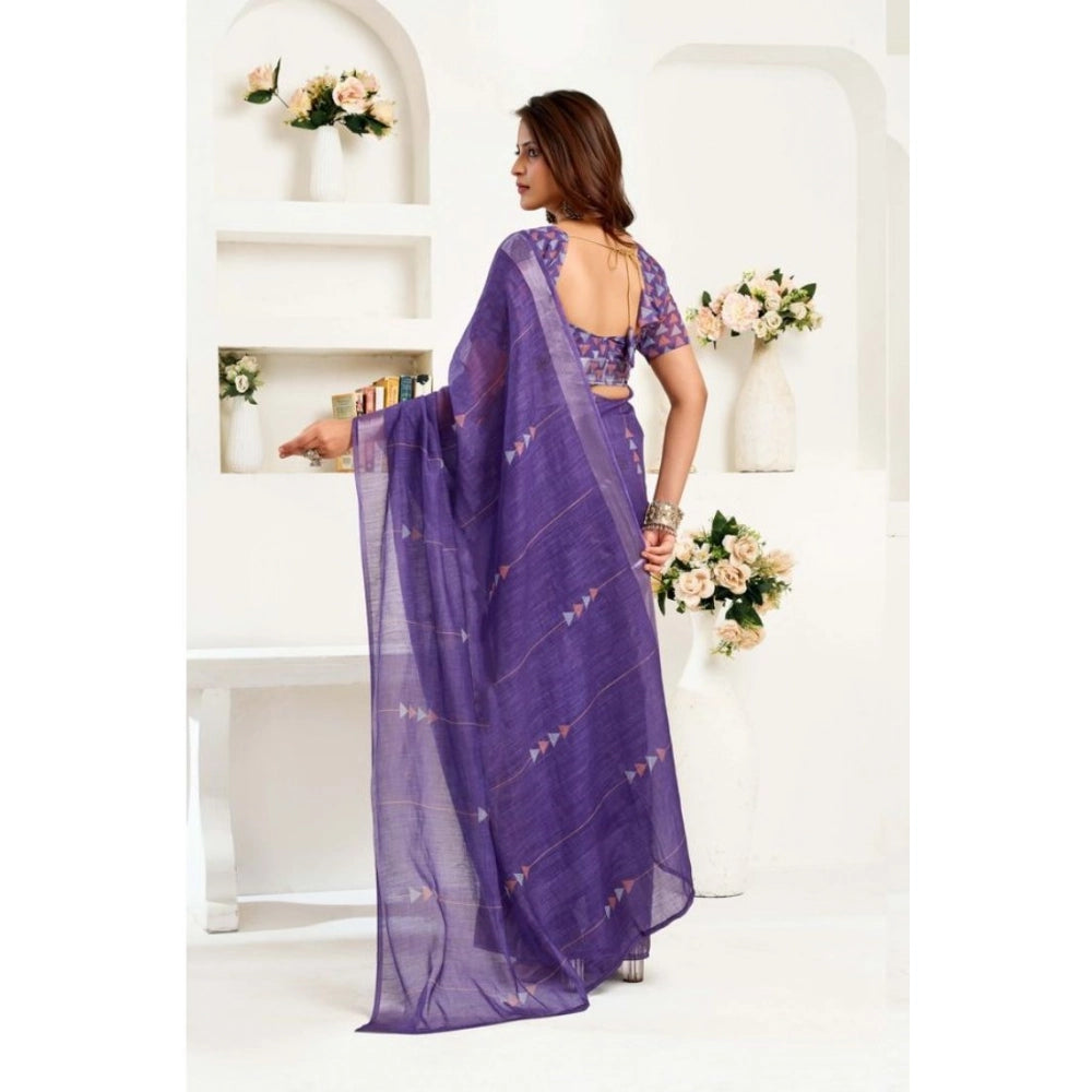 Generic Women's Faux Linen Geometric Print Ready to wear Saree With Unstitched Blouse 5.5Mtr (Purple)