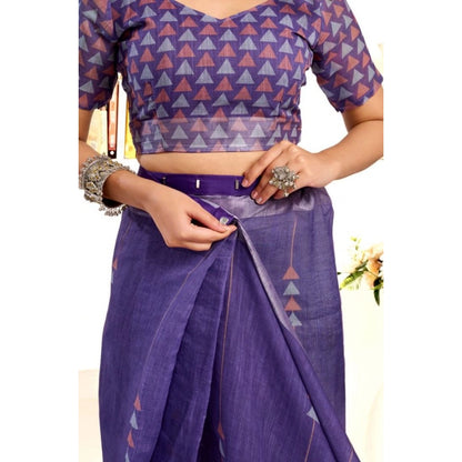 Generic Women's Faux Linen Geometric Print Ready to wear Saree With Unstitched Blouse 5.5Mtr (Purple)