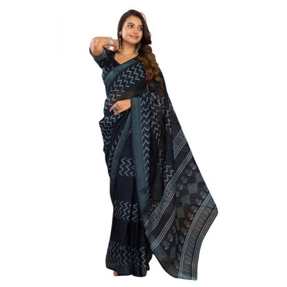 Generic Women's Faux Linen Geometric Print Ready to wear Saree With Unstitched Blouse 5.5Mtr (Black)
