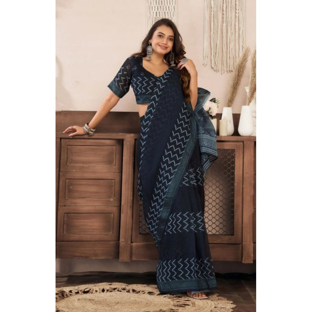 Generic Women's Faux Linen Geometric Print Ready to wear Saree With Unstitched Blouse 5.5Mtr (Black)