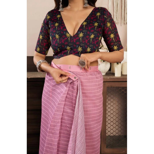 Generic Women's Faux Linen Geometric Ready to wear Saree With Unstitched Blouse 5.5Mtr (LightPink)