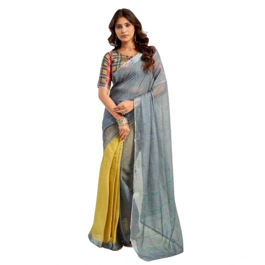 Generic Women's Faux Linen Geometric Ready to wear Saree With Unstitched Blouse 5.5Mtr (Grey)