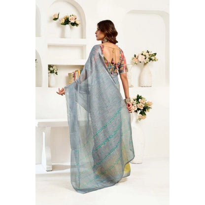 Generic Women's Faux Linen Geometric Ready to wear Saree With Unstitched Blouse 5.5Mtr (Grey)