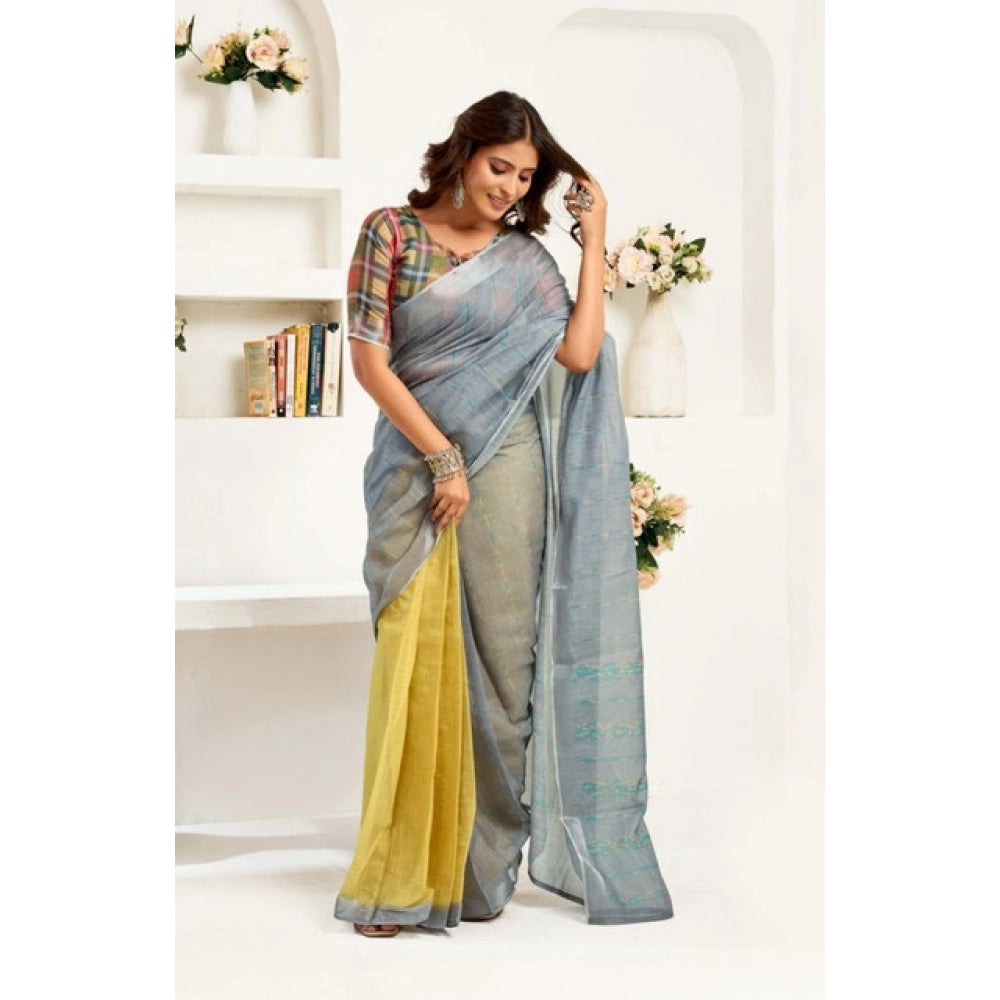 Generic Women's Faux Linen Geometric Ready to wear Saree With Unstitched Blouse 5.5Mtr (Grey)